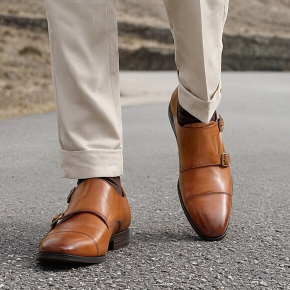 〽️Men\'s BrownJousen Dress Monk Strap Loafers Formal Business Wear Shoes
